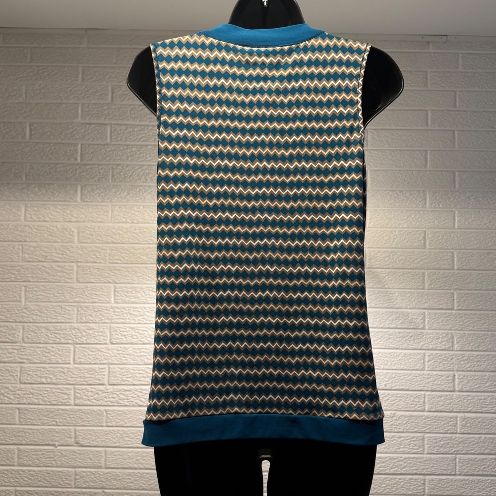 Banana Republic Petite Tank‎ Top Sleeveless Blouse Tie Neck Teal Zigzag - Picture 2 of 3